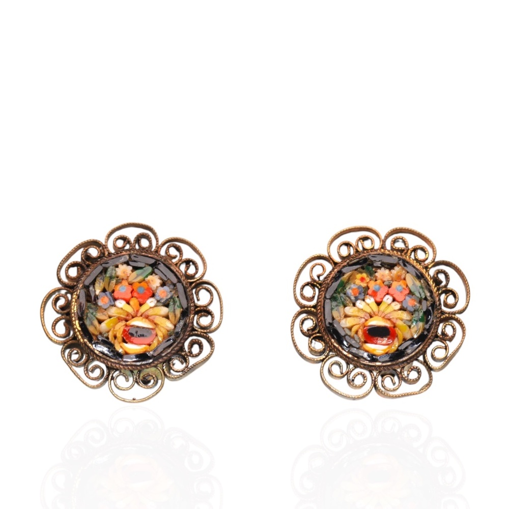 Vintage Italian Micro Mosaic Clip Earrings Floral Made Italy 1950s